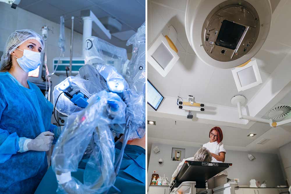 robotchirurgie versus radiotherapie bij prostaatkanker links een operatiekamer met arts die robotchirurgie toepast en rechts een operatiekamer met arts die radiotherapie toepast bij prostaatkanker