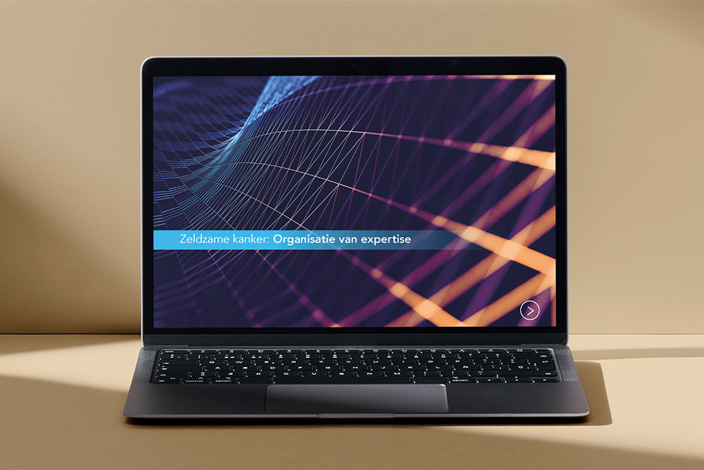 een opengeklapte laptop op een lichthouten bureau met op het scherm de cover van het rapport